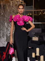 OFF SHOULDER ROSE FLOWER BANDAGE DRESS IN BLACK