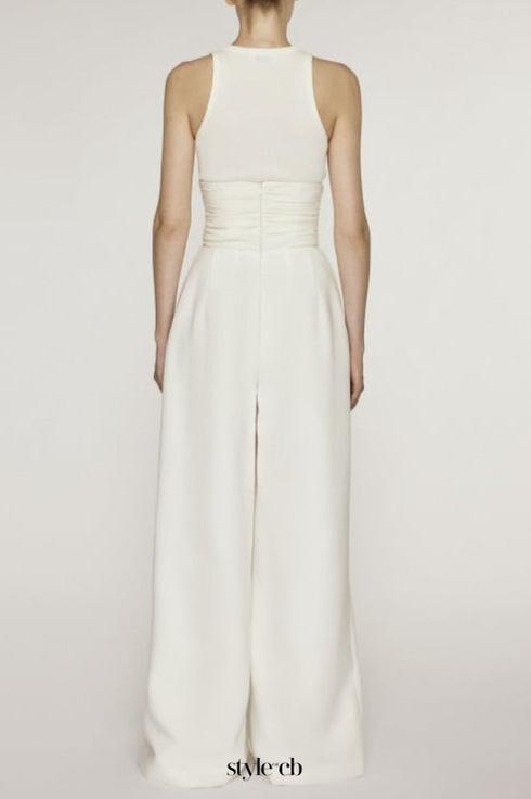 Stretch Sleeveless Tank Top Pleated Pants Set in white