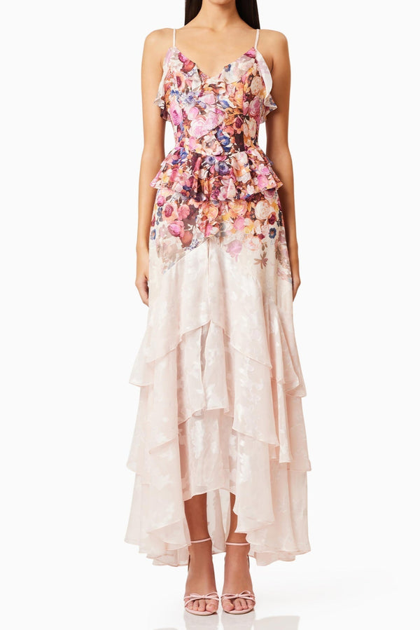 Perla Irregular floral print maxi dress in pink red