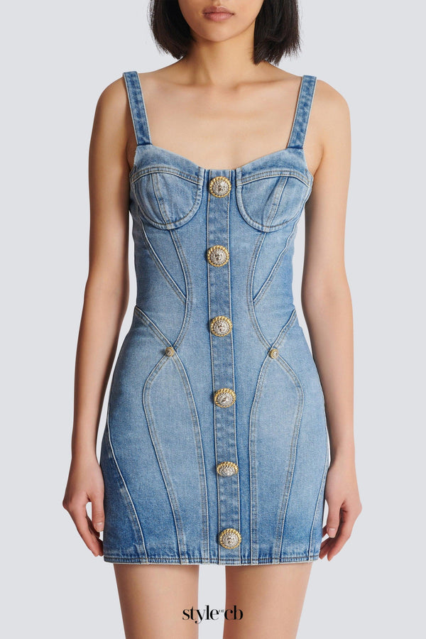 Buttoned denim mini dress in blue
