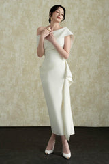 Arene Sheath Diagonal Neck Spandex Midi Dress