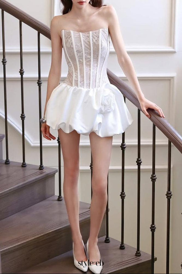 Flower bud puffy strapless mini dress in white