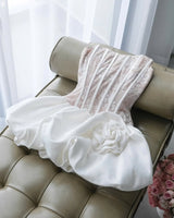 Flower bud puffy strapless mini dress in white
