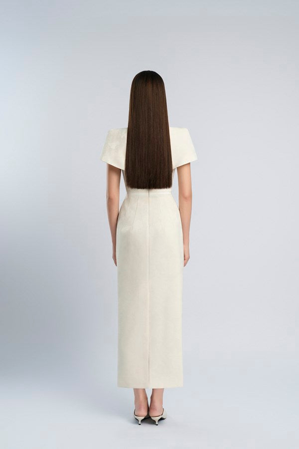 v-cut neckline maxi dress in beige