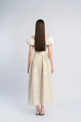 boat neck corset maxi dress in beige
