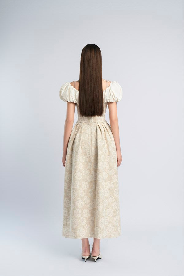 boat neck corset maxi dress in beige
