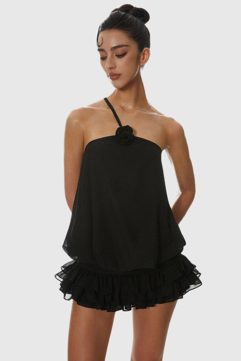 Dellesa Floral One Shoulder Top - Black