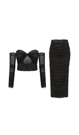 Gwenonwy black ruched mesh top & skirt matching set
