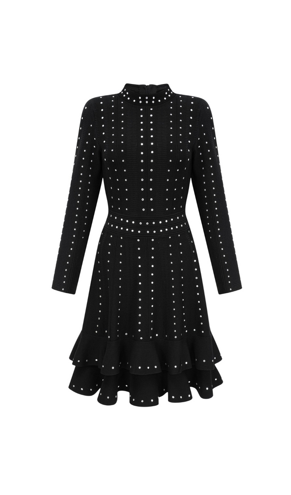 Fabienne black embellished ruffled knitted mini dress