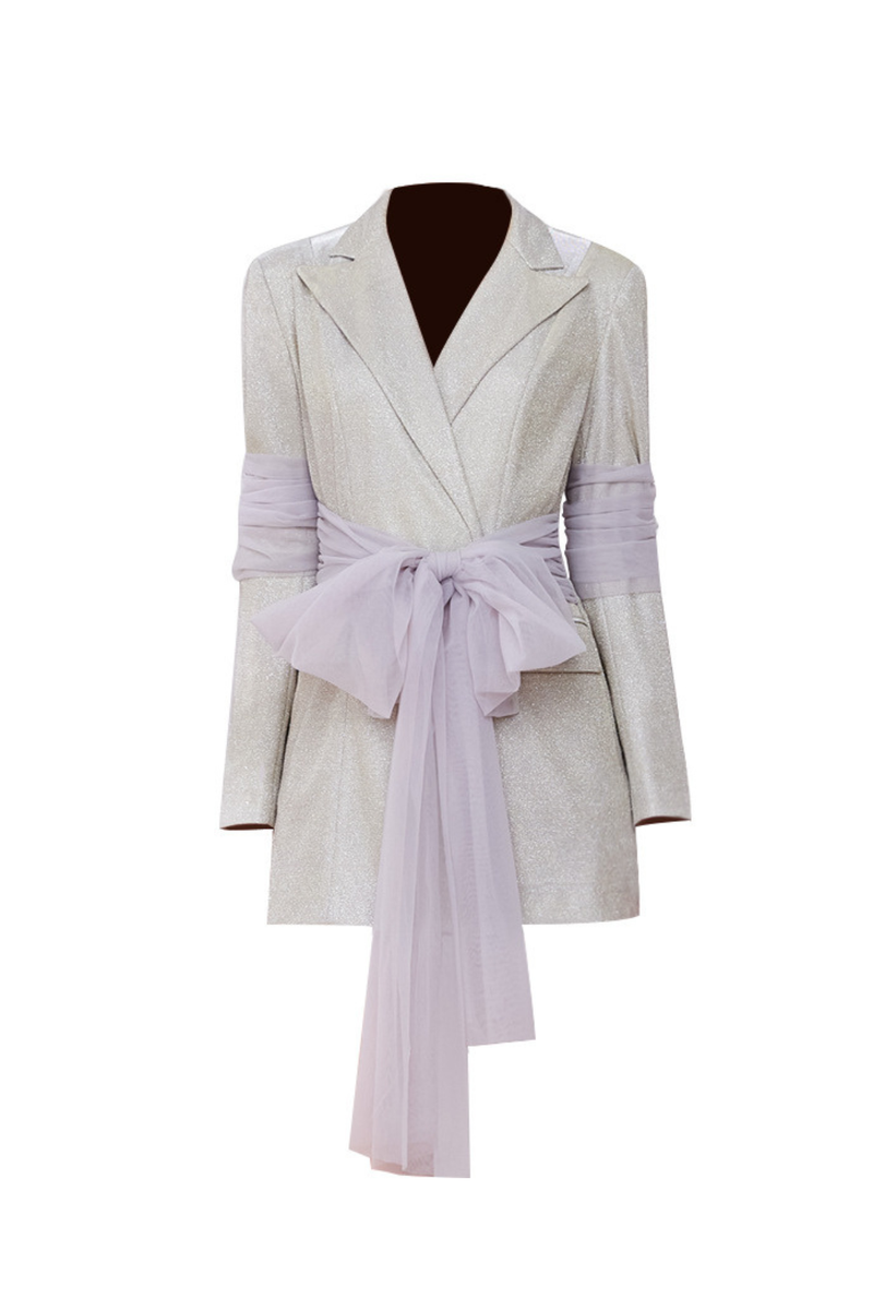 janice Mesh Ribbon Glitter blazer Dress in champagne