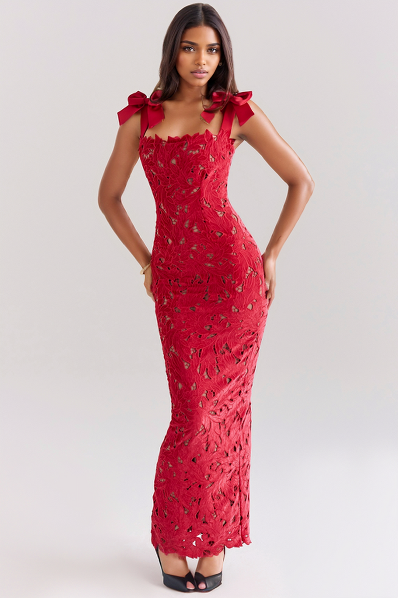 hermosa Bow Strap Embroidered Lace Maxi Dress in red