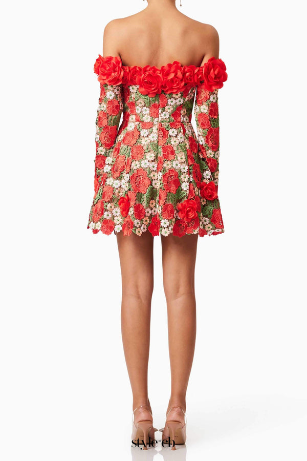 genevieve Rose flower strapless mini Dress In Red