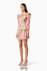 caitlin A-line Floral long sleeve Mini Dress In Pink