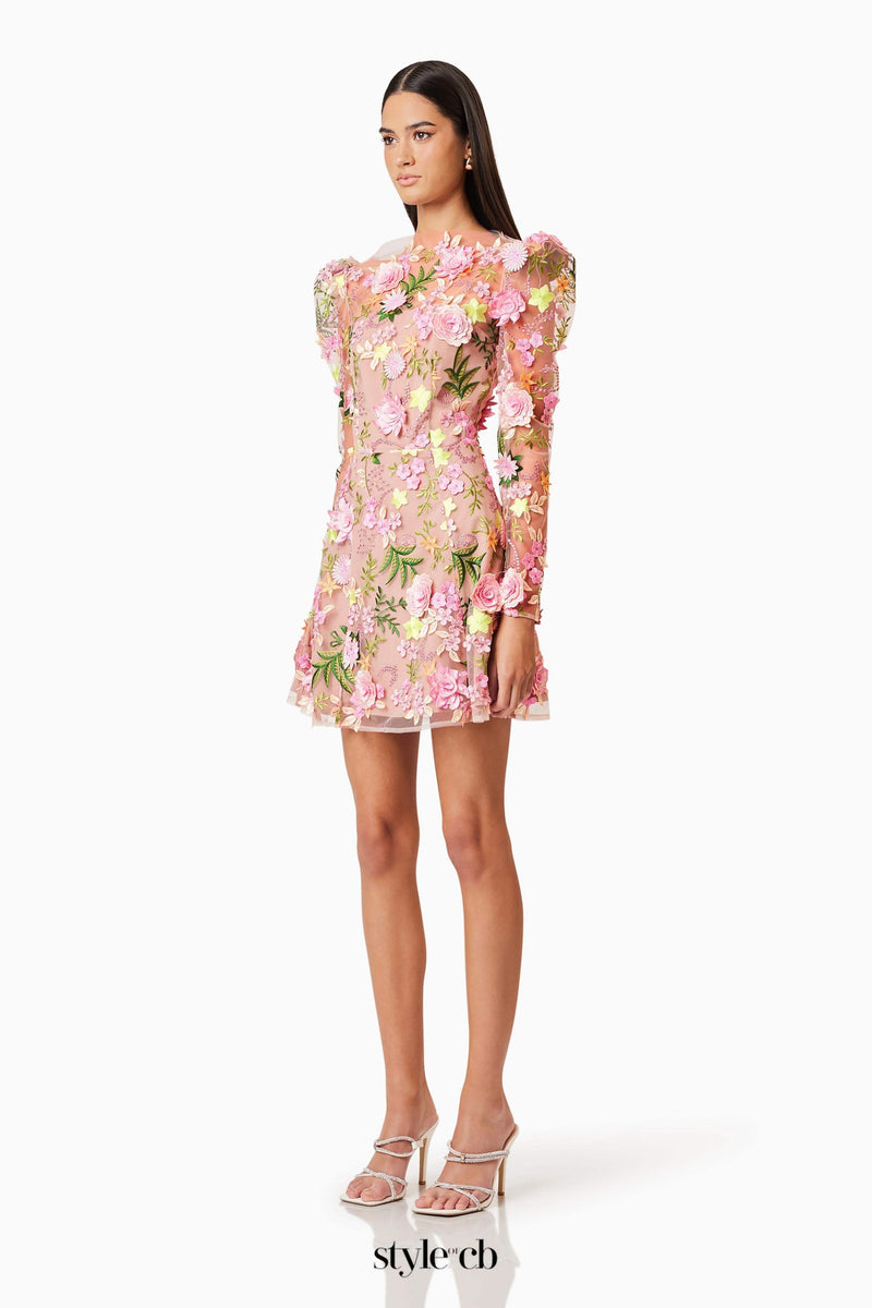 caitlin A-line Floral long sleeve Mini Dress In Pink