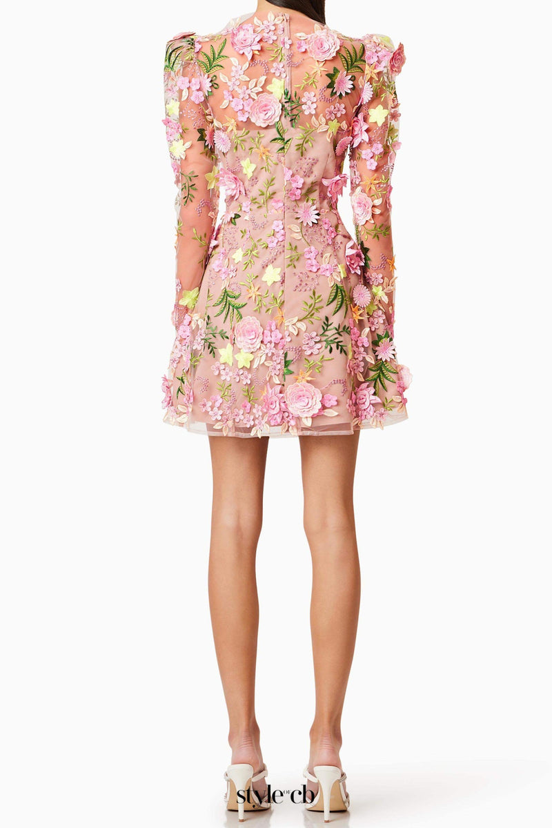 caitlin A-line Floral long sleeve Mini Dress In Pink