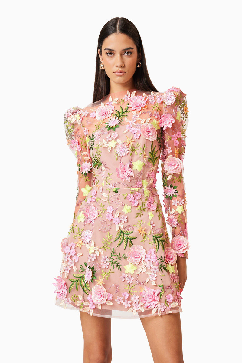 caitlin A-line Floral long sleeve Mini Dress In Pink