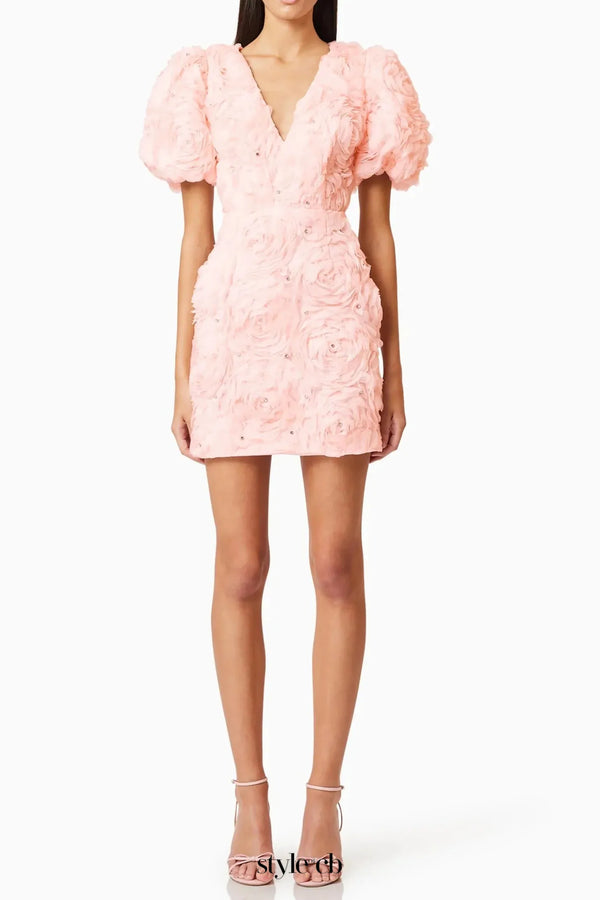 v-neck flower embellished puff Mini Dress in Ballet Pink