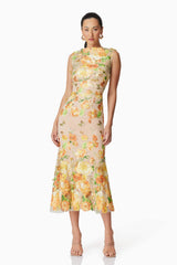 elsie 3d floral embroidered midi dress in yellow