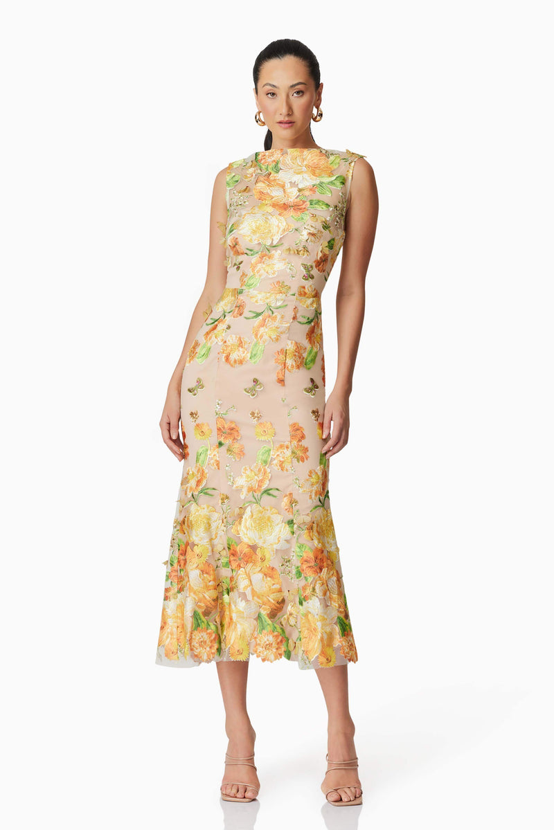 elsie 3d floral embroidered midi dress in yellow