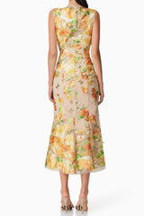 elsie 3d floral embroidered midi dress in yellow