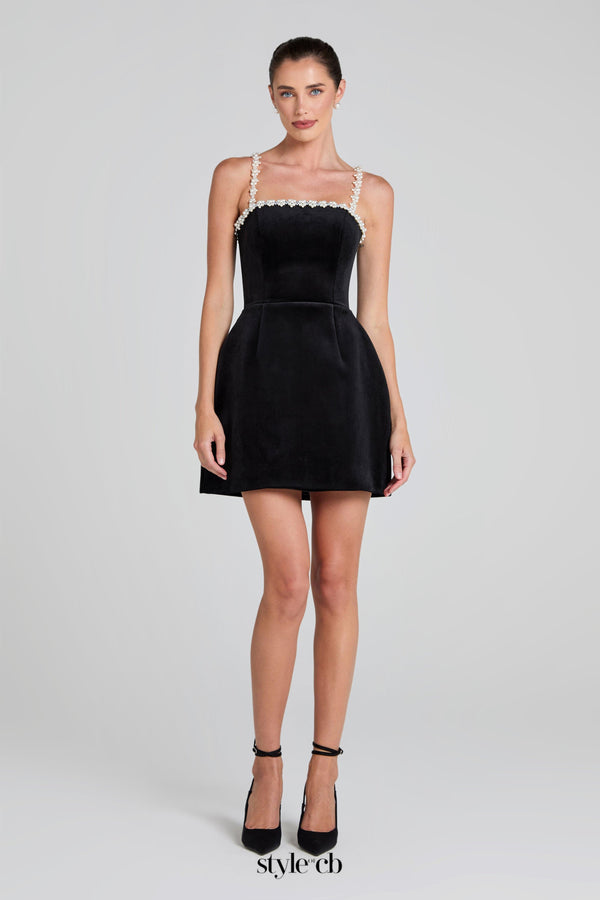 pearl embellished strap mini dress in black