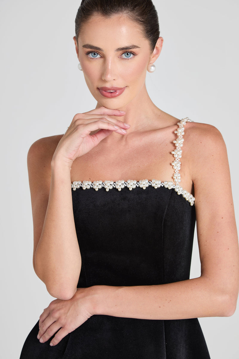 pearl embellished strap mini dress in black