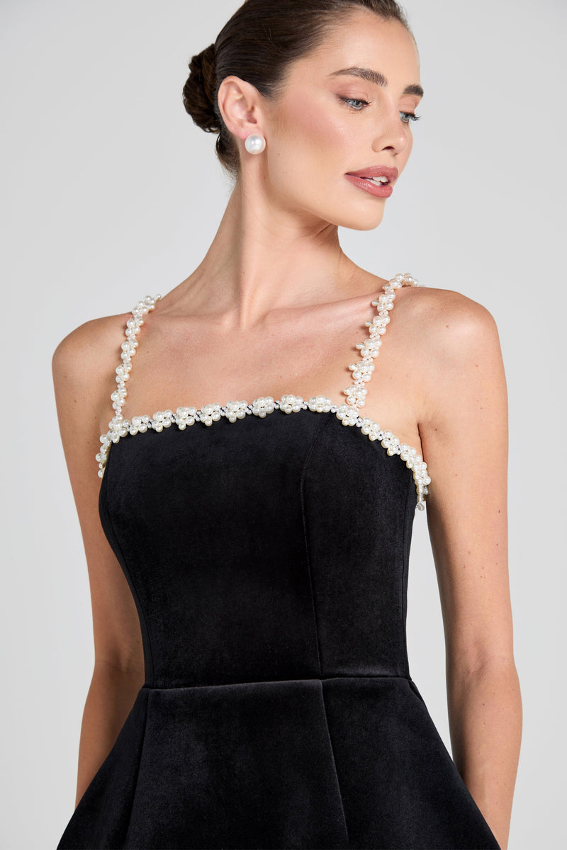 pearl embellished strap mini dress in black