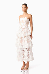 Selene 3D flower Tiered Maxi Dress In White