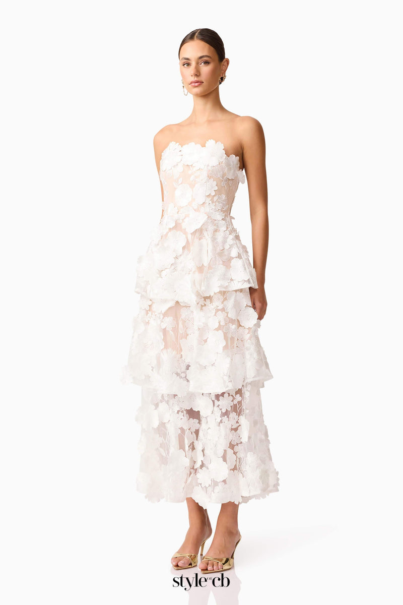 Selene 3D flower Tiered Maxi Dress In White