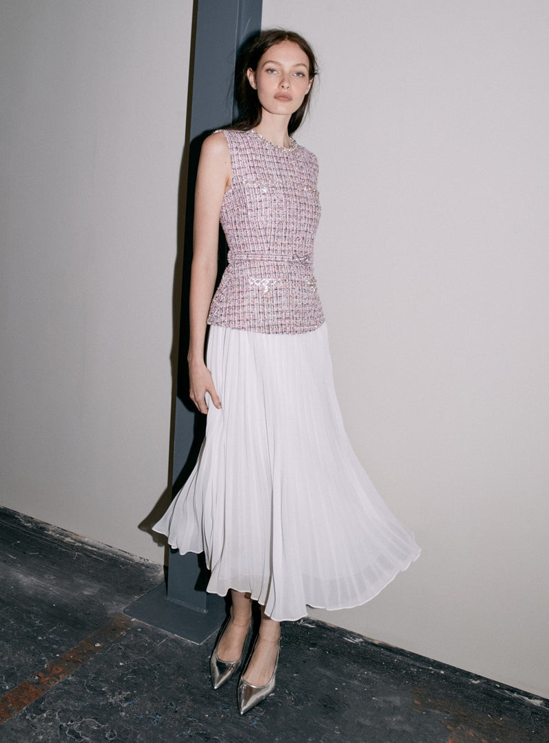 aditi Pink Boucle Chiffon Midi Dress