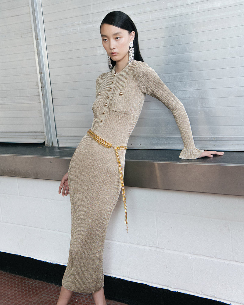 lauren Gold Lurex Ribbed Knit Midi Dress