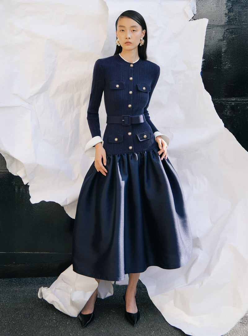 jane Navy Knit Taffeta Midi Dress