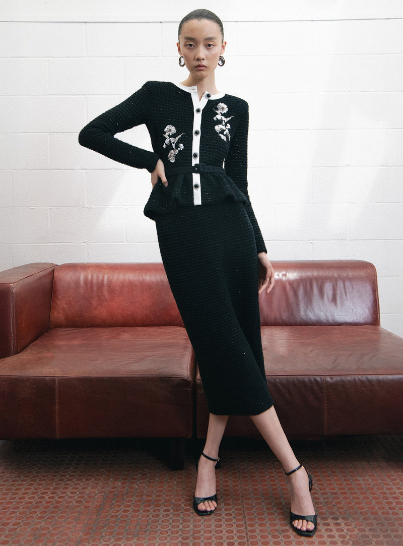 vicky Black Floral Textured Knit Midi Dress