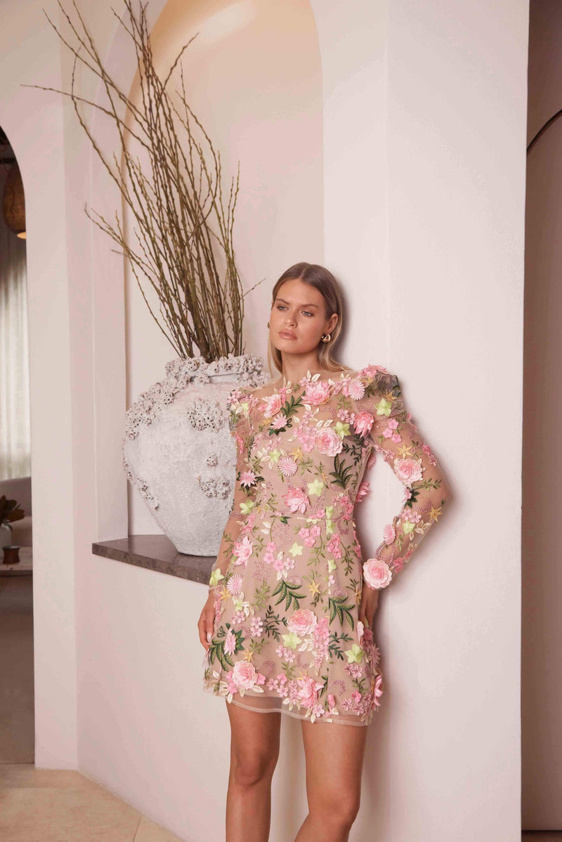 caitlin A-line Floral long sleeve Mini Dress In Pink