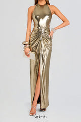 Champagne gold halter neck backless slit gown