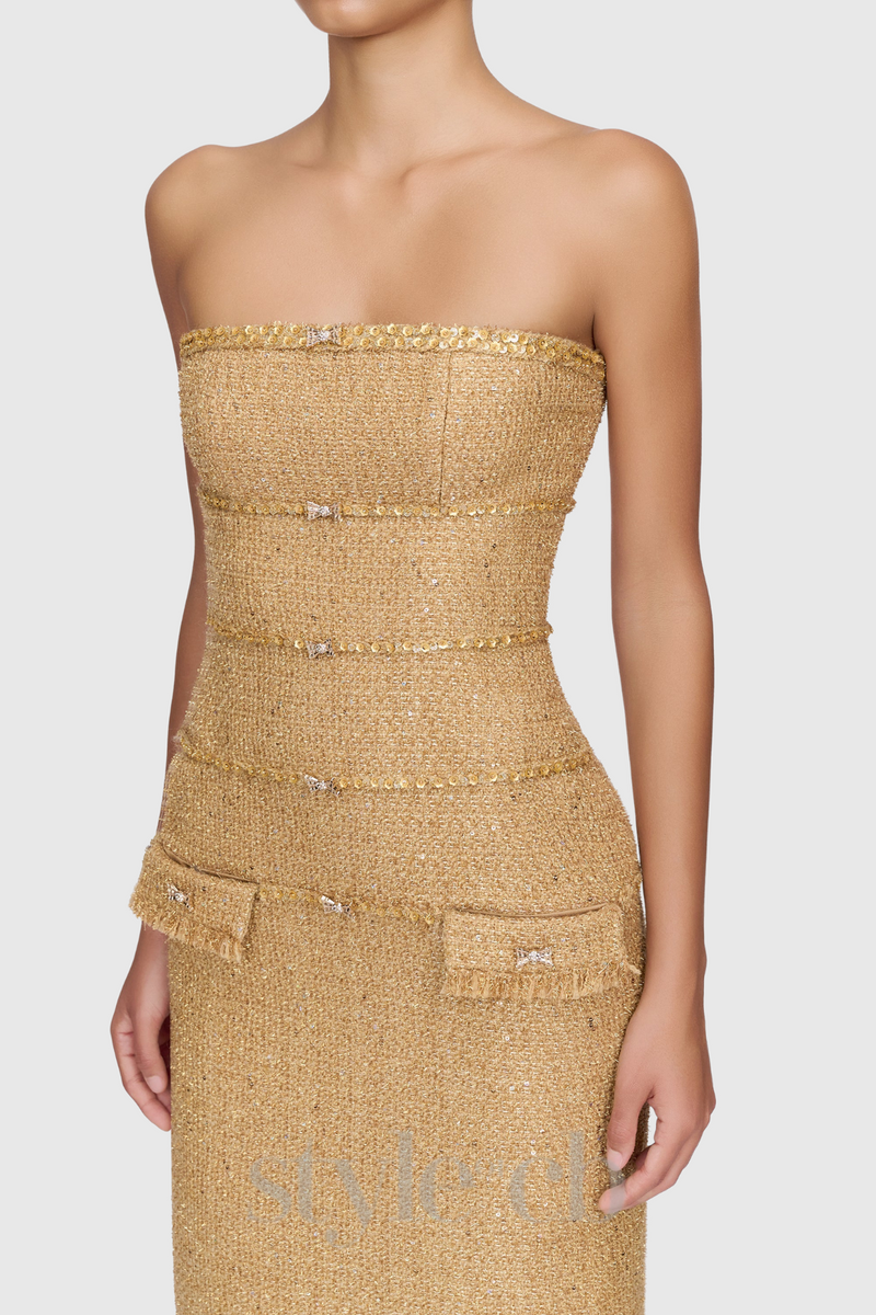 Elborno Gold Embellished Strapless Midi Dress