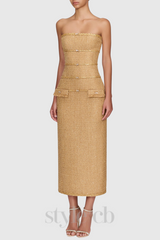 Elborno Gold Embellished Strapless Midi Dress