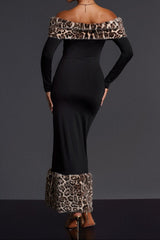 clara Off Shoulder Leopard furry Maxi Dress in black