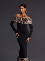 clara Off Shoulder Leopard furry Maxi Dress in black