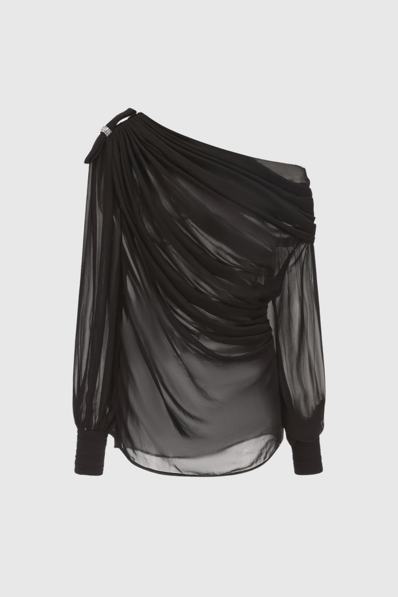 Ephai Ruched Chiffon Ruffle Two Piece Set - Black