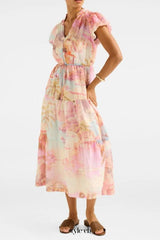 Puff Sleeves Tiered Midi Dress