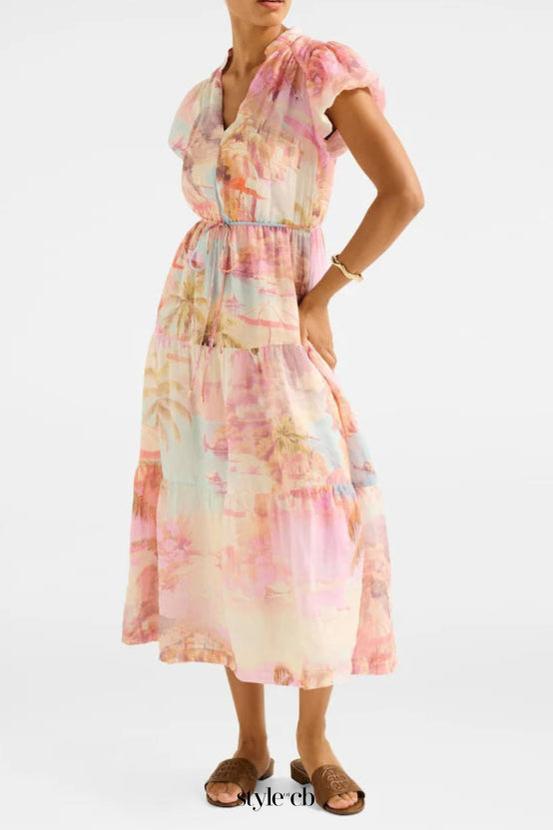 Puff Sleeves Tiered Midi Dress