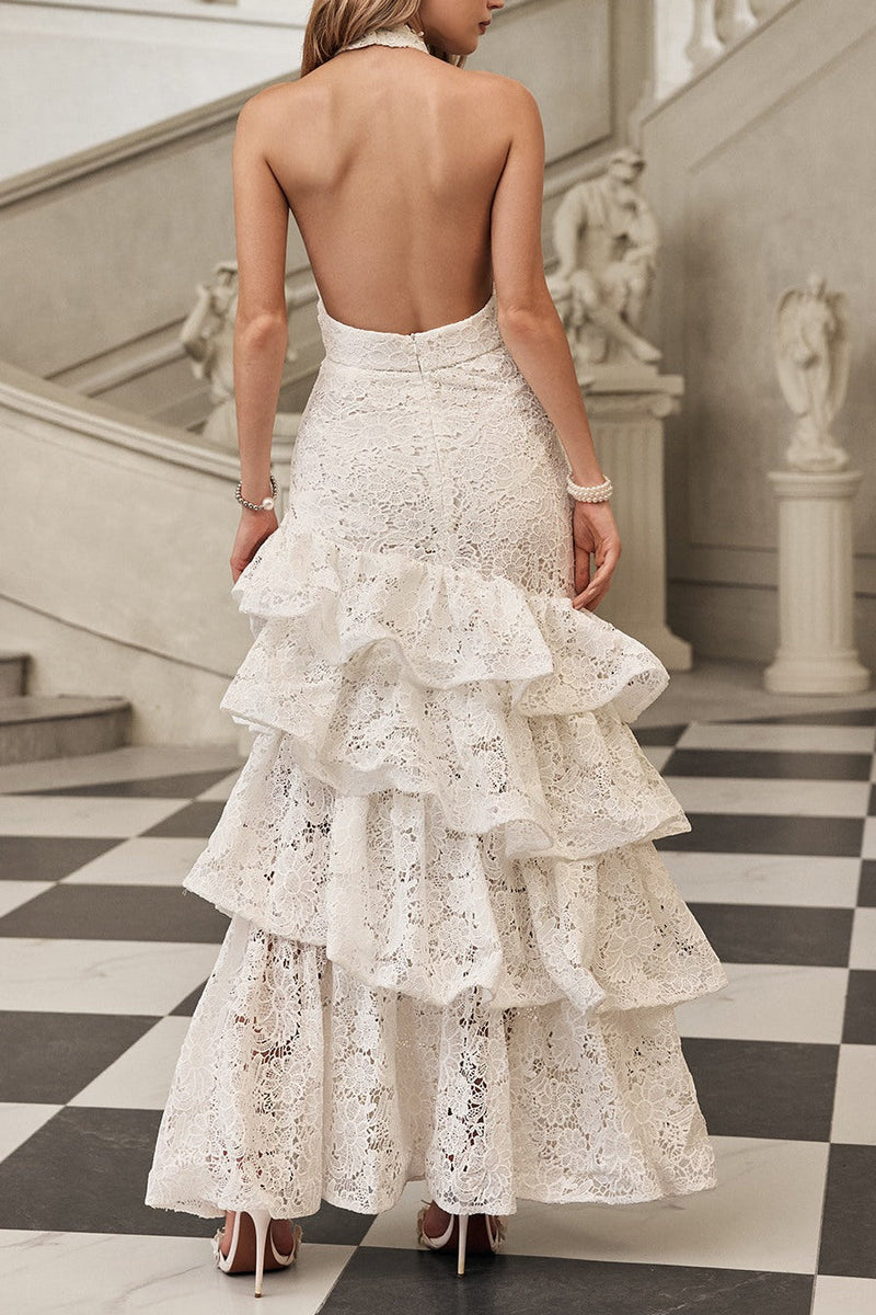 hazel white Deep V-neck halterneck layer ruffle trim maxi dress