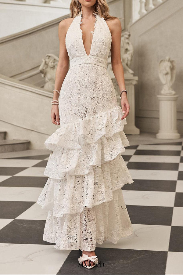 hazel white Deep V-neck halterneck layer ruffle trim maxi dress