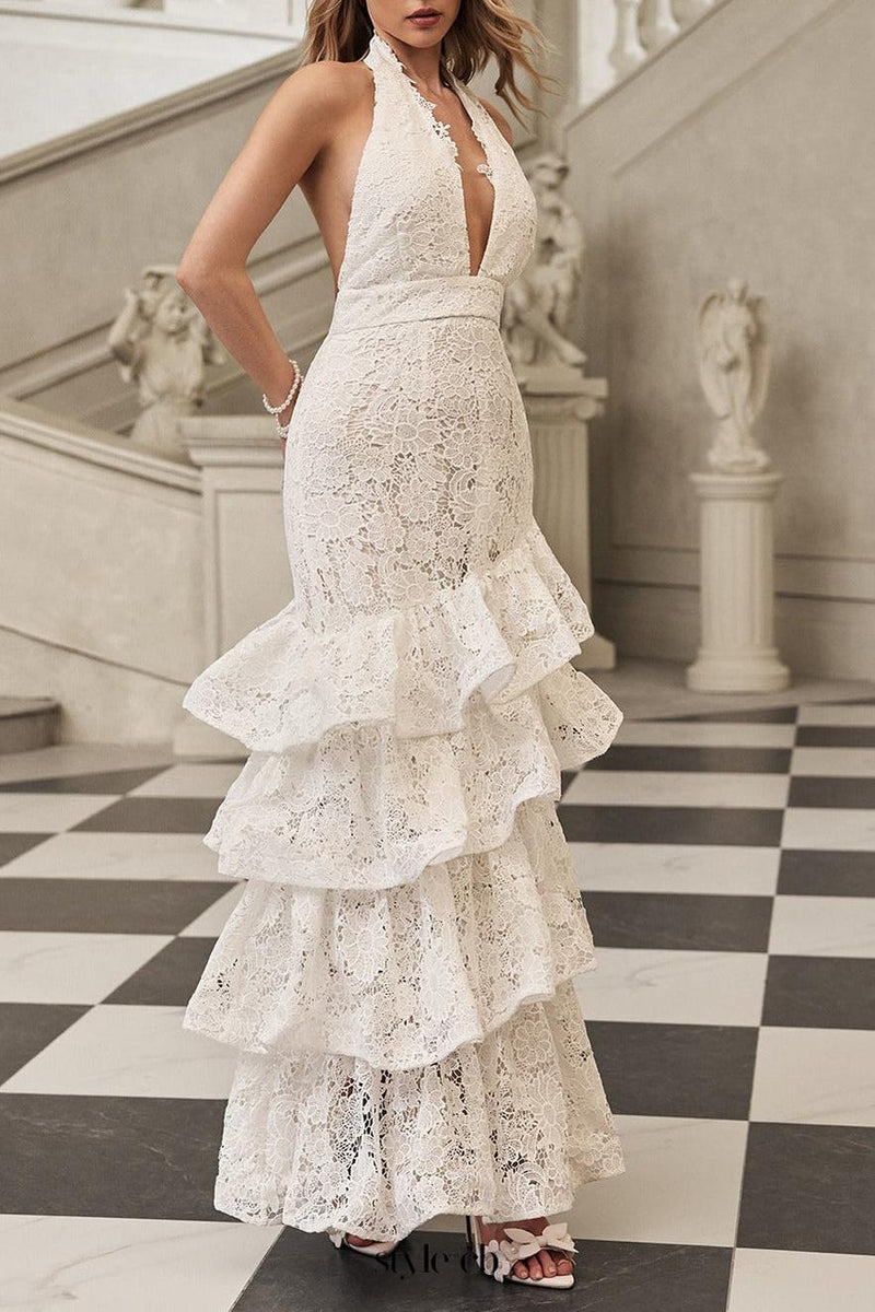 hazel white Deep V-neck halterneck layer ruffle trim maxi dress