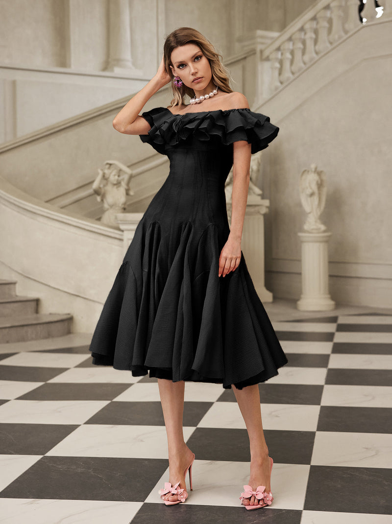 apphia Off Shoulder Ruffle Midi Dress In black