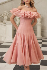 apphia Off Shoulder Ruffle Midi Dress In pink