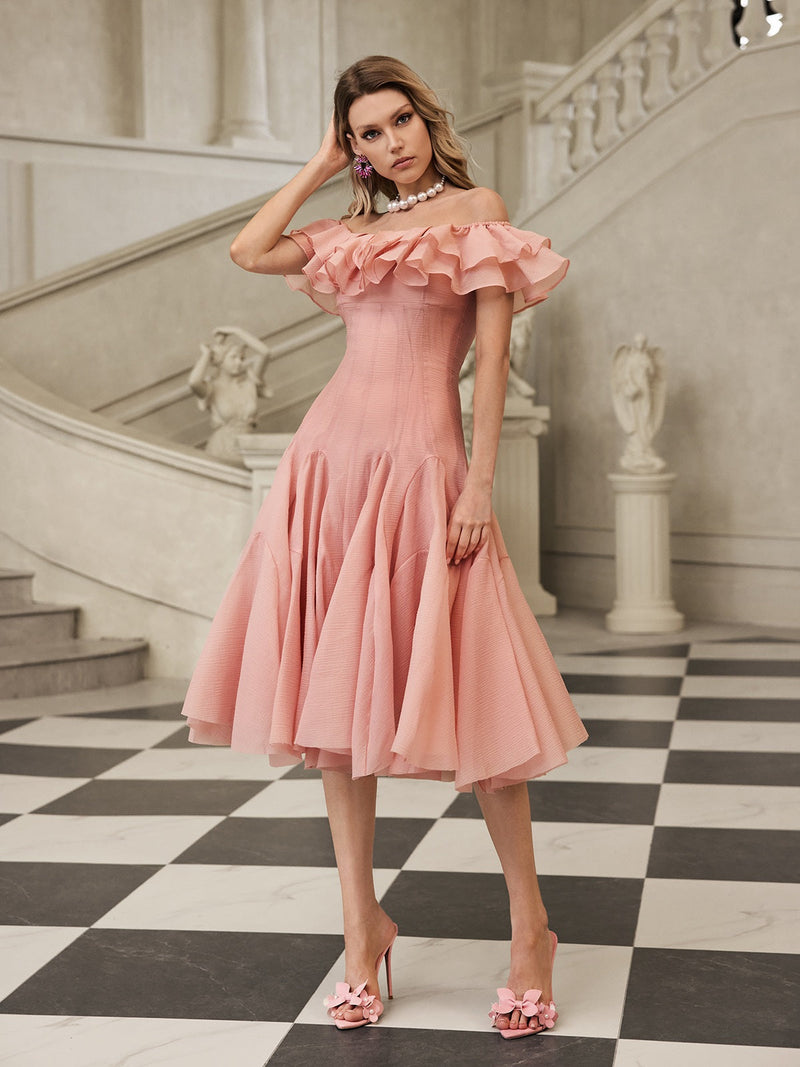 apphia Off Shoulder Ruffle Midi Dress In pink