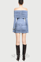 Lekeisha Off Shoulder Draped Mini Dress in Blue