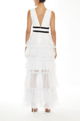 Eliza White Plunging Neck Layered Tulle Skirt Maxi-Dress